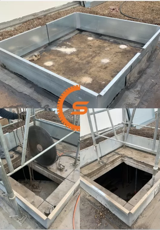 Sciage d'une toiture/terrasse pour l'installation d'un futur skydôme dans une cuisine. Amboise (Indre-et-Loire 37)